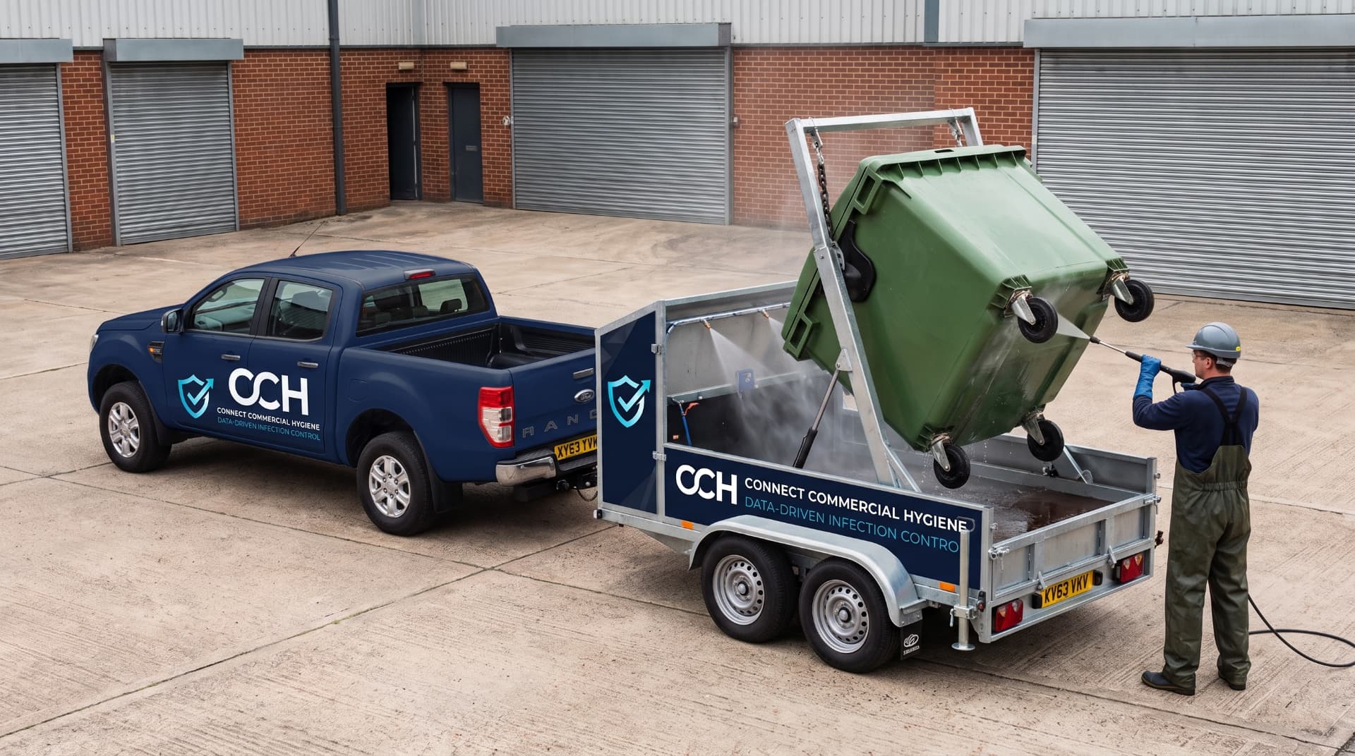 CCH mobile bin-cleaning rig washing a green 1,100L commercial bin over its self-contained wash basin, with a handheld digital ATP hygiene device showing a green PASS result