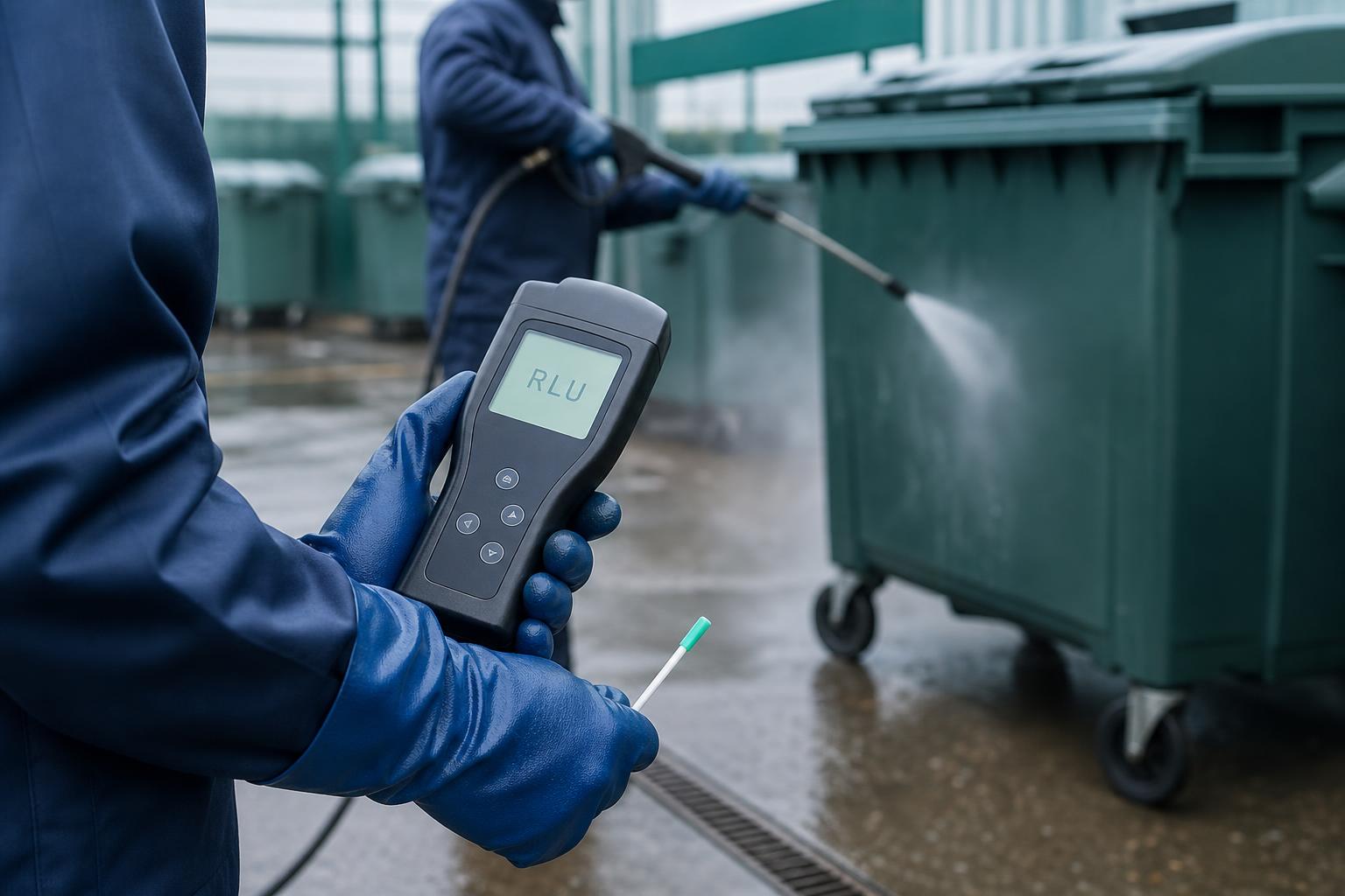 Technician sanitising commercial waste containers while holding a digital ATP luminometer showing an RLU hygiene reading